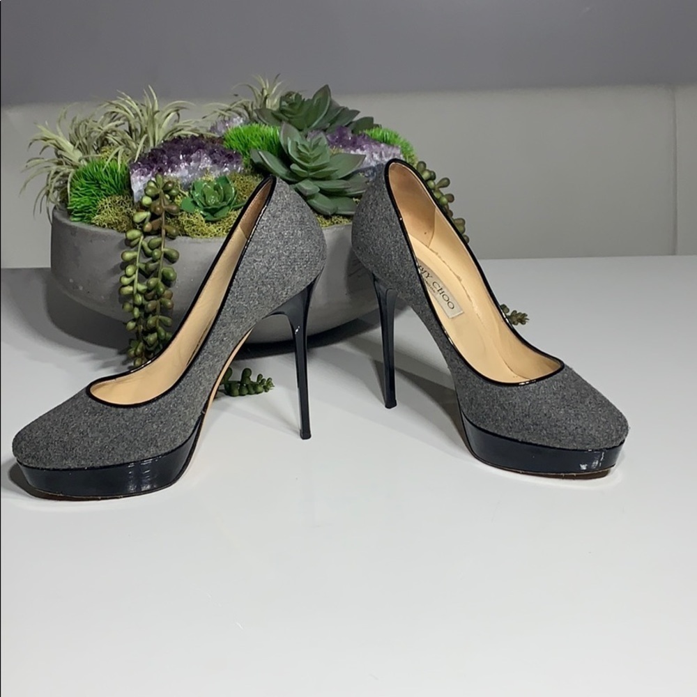 Jimmy Choo Felt Round Toe Platform Stiletto Heels Size 7 Grey Black